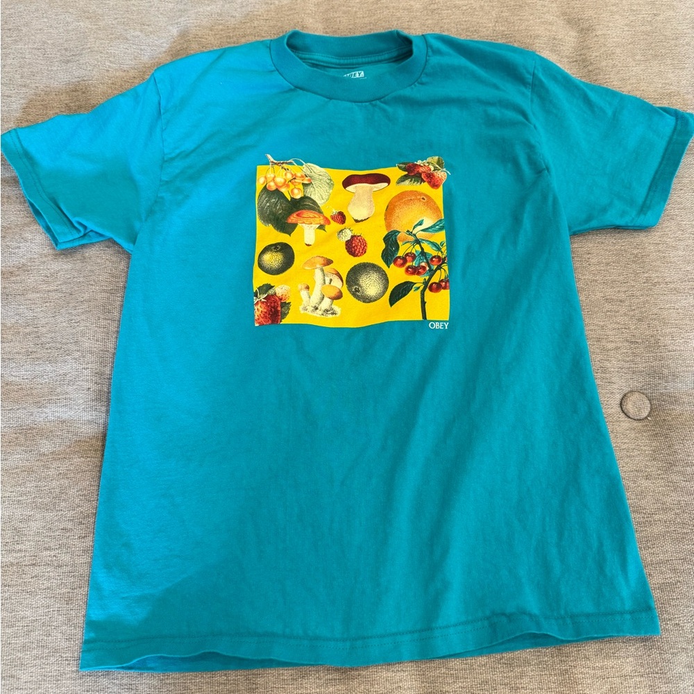 Obey teal mushroom tshirt size small fun summer print
